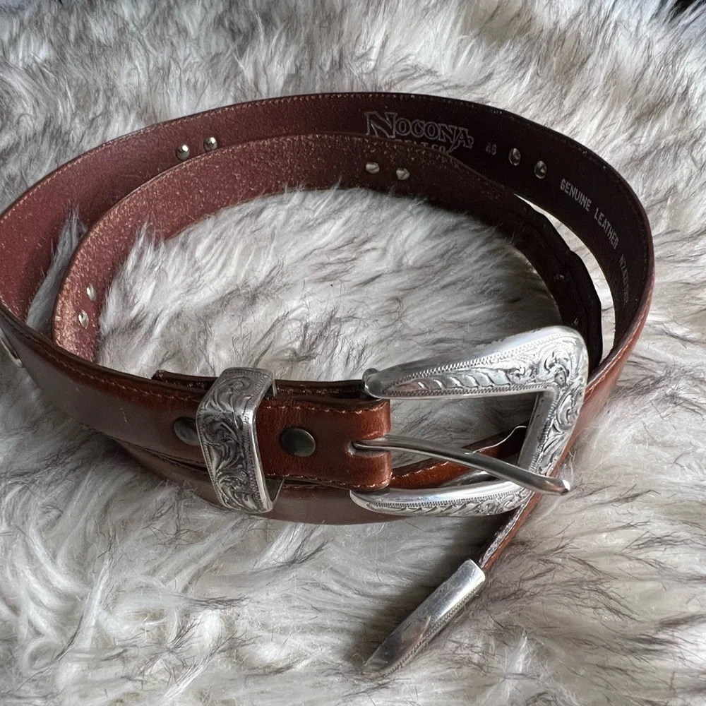 Nocona brown leather belt and ornate silver belt buckle